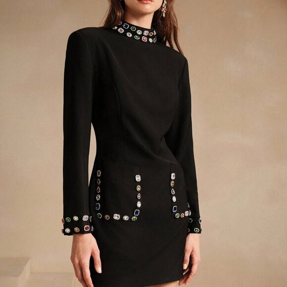 Black Elegant Women's Rhinestone Embellished Long Sleeve Short Dress - Picture 5 of 7